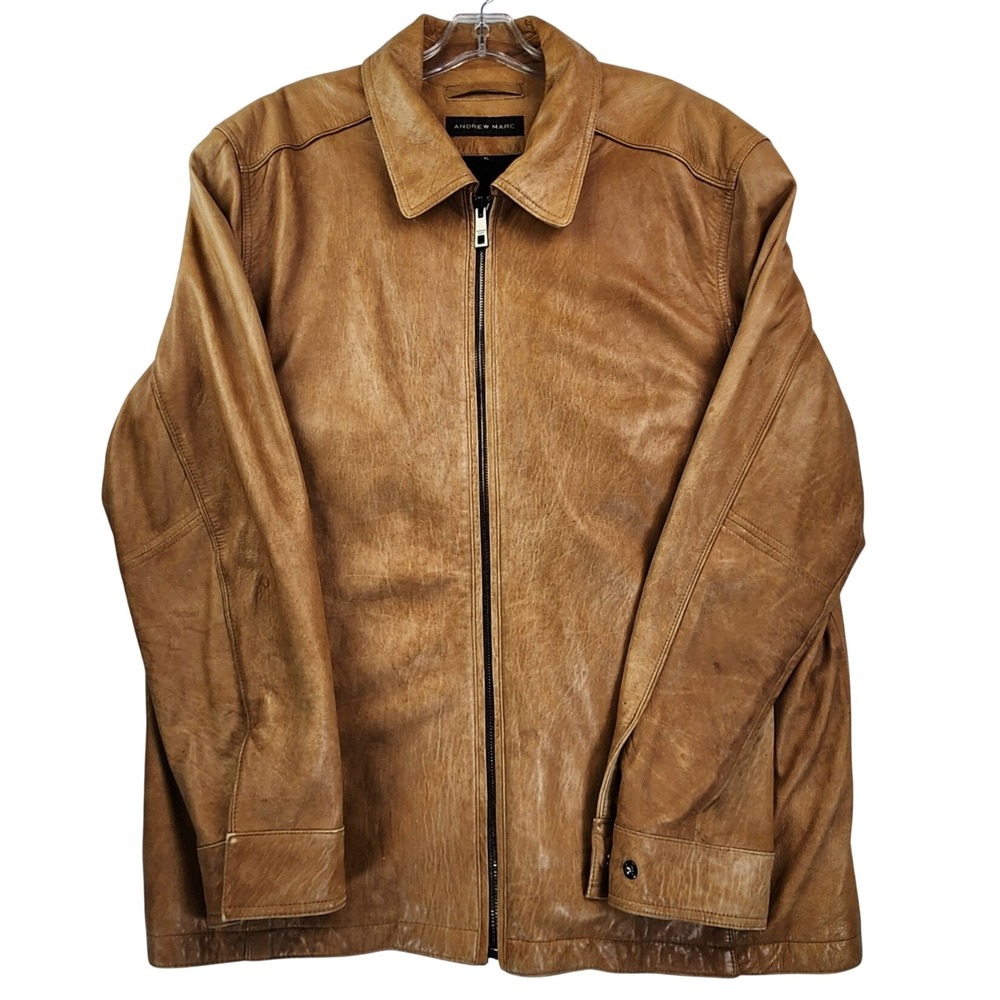 Andrew Marc XL Tan Leather Jacket Full Zip Classic Rugged Minimalist  Coat